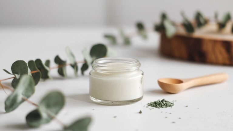 Ein Glas mit selbstgemachter Eukalyptus-Menthol-Salbe, umgeben von frischen Eukalyptusblättern und einem Holzlöffel – ein natürliches Hausmittel gegen Erkältung.