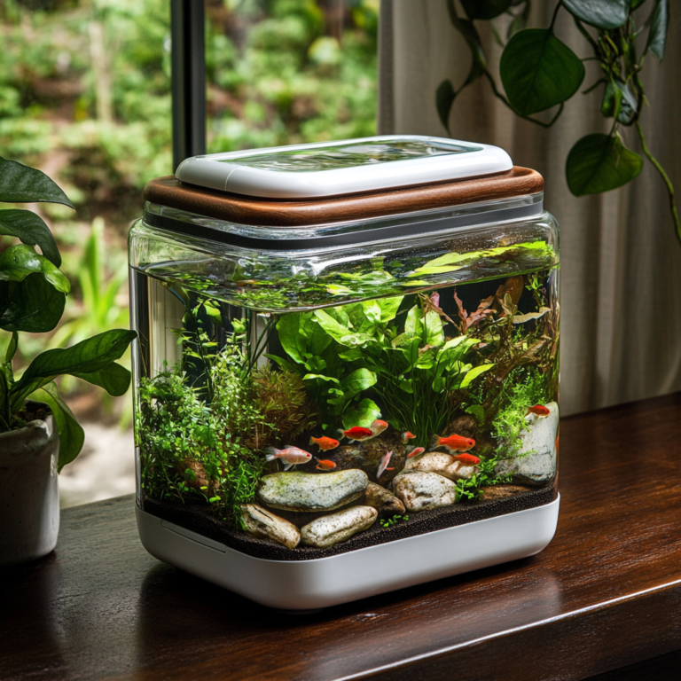 Stilvolles Nano-Aquarium auf einem Holztisch, gefüllt mit lebendigen Wasserpflanzen und kleinen roten Fischen. Glatte Flusskiesel und eine schwarze Bodenschicht schaffen eine natürliche, harmonische Unterwasserlandschaft. Das kompakte Aquarium mit modernem Design ist ideal für Wohnräume und schafft eine entspannte, grüne Atmosphäre am Fenster.