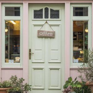 Eine pastellfarbene Holztür mit einem handgefertigten Schild, auf dem 'offen' steht. Die Tür ist von Pflanzen und Schaufenstern mit Blick auf ein einladendes Geschäft umrahmt.