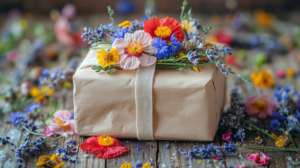 Geschenke mit Kraftpapier und getrockneten Blumen