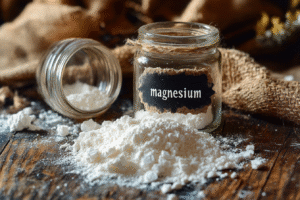 Magnesiumflocken auf einem Holztisch mit dem Finger beschriftet – „Magnesium“ – daneben ein leeres Glas: Symbolbild zur Frage „Wofür ist Magnesiumöl gut?“