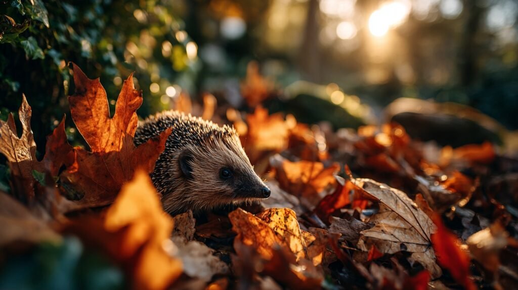 Igel zwischen herbstlichen Blättern im Laubhaufen, zeigt die Bedeutung von Natur- und Tierschutz für mehr Biodiversität.