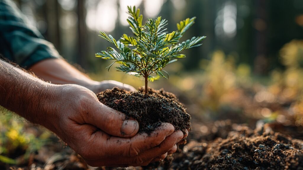 Hände pflanzen einen kleinen Baum in die Erde, Sinnbild für Nachhaltigkeit, Aufforstung und Umweltschutz im Alltag.