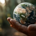 Hände halten einen kleinen Globus in der Natur, Symbol für Umweltschutz im Alltag und Verantwortung für unseren Planeten.