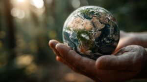 Hände halten einen kleinen Globus in der Natur, Symbol für Umweltschutz im Alltag und Verantwortung für unseren Planeten.